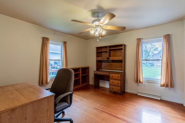 office with a ceiling fan, a wealth of natural light, baseboards, and light wood finished floors