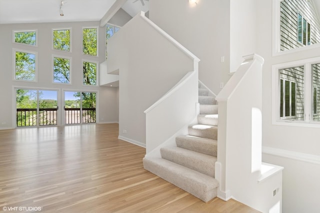 stairway featuring healthy amount of natural light, wood finished floors, a towering ceiling, and baseboards