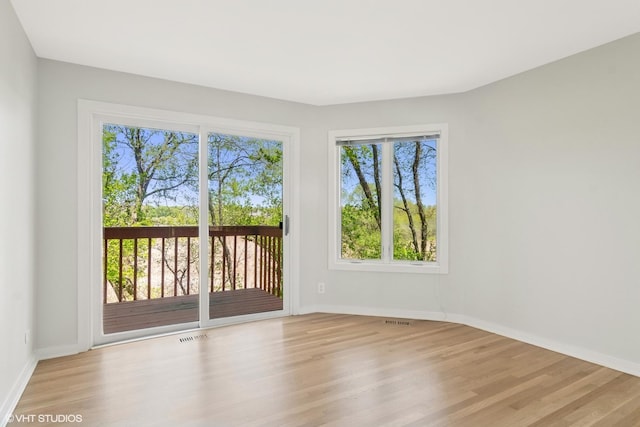 empty room with wood finished floors, plenty of natural light, and baseboards