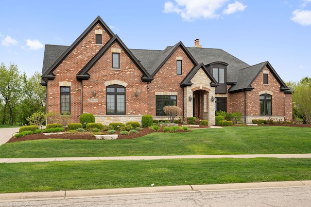 view of front of property with a shingled roof, a front lawn, and a chimney