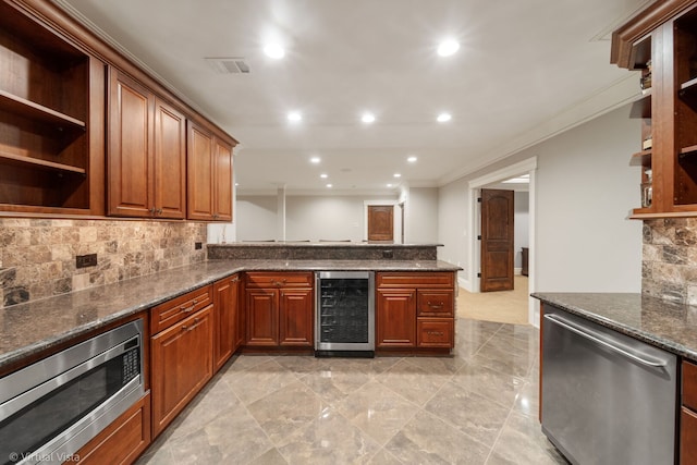 kitchen with crown molding, stainless steel appliances, open shelves, and beverage cooler