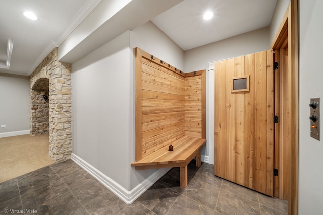 mudroom featuring a sauna, crown molding, baseboards, and recessed lighting