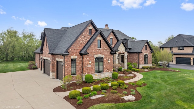 tudor home with an attached garage, a front yard, brick siding, and driveway