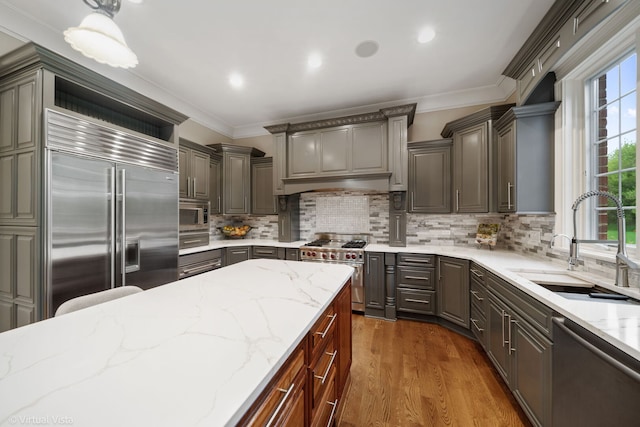 kitchen featuring built in appliances, dark wood-style flooring, light stone counters, a sink, and backsplash