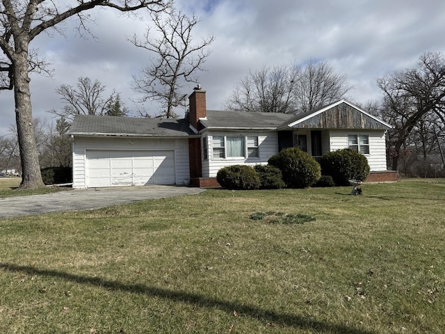 ranch-style home with a chimney, a front lawn, aphalt driveway, and a garage