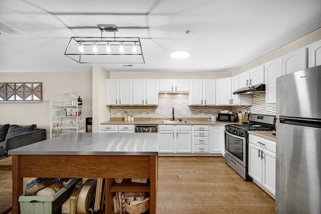 100 N Bokelman St Unit 430, Roselle, IL 60172 - kitchen featuring stainless steel appliances, a sink, under cabinet range hood, and backsplash