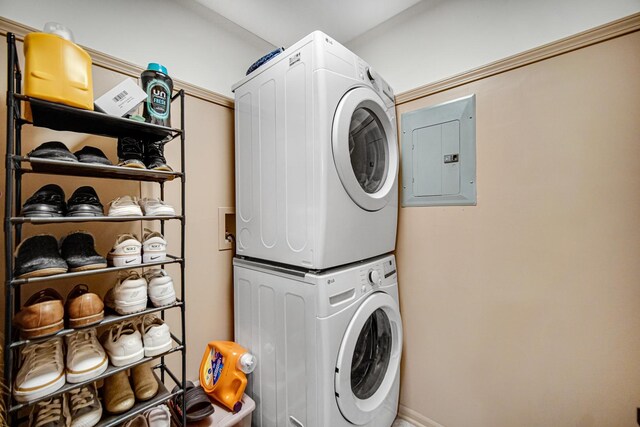 100 N Bokelman St Unit 430, Roselle, IL 60172 - laundry area featuring stacked washer and clothes dryer and electric panel