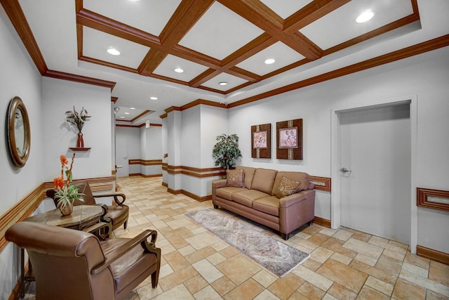 100 N Bokelman St Unit 430, Roselle, IL 60172 - living area featuring coffered ceiling, ornamental molding, baseboards, stone tile floors, and recessed lighting