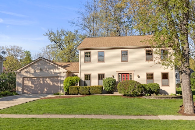 1624 Mirror Lake Dr, Naperville, IL 60563 - colonial home featuring an attached garage, driveway, a front lawn, and roof with shingles