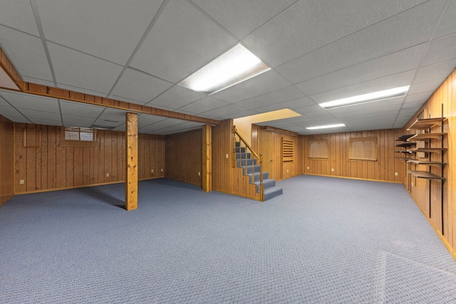 1624 Mirror Lake Dr, Naperville, IL 60563 - finished basement featuring wooden walls, stairway, carpet, and a paneled ceiling