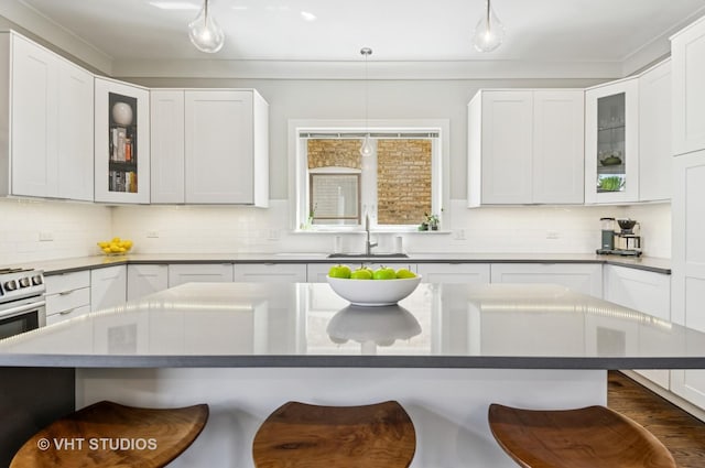 5263 N Laporte Ave, Chicago, IL 60630 - kitchen featuring a sink, a breakfast bar area, backsplash, and glass insert cabinets