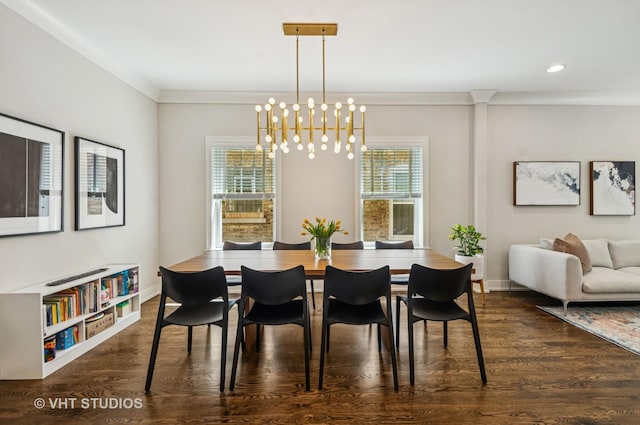 5263 N Laporte Ave, Chicago, IL 60630 - dining room with dark wood-style floors, crown molding, recessed lighting, a chandelier, and baseboards