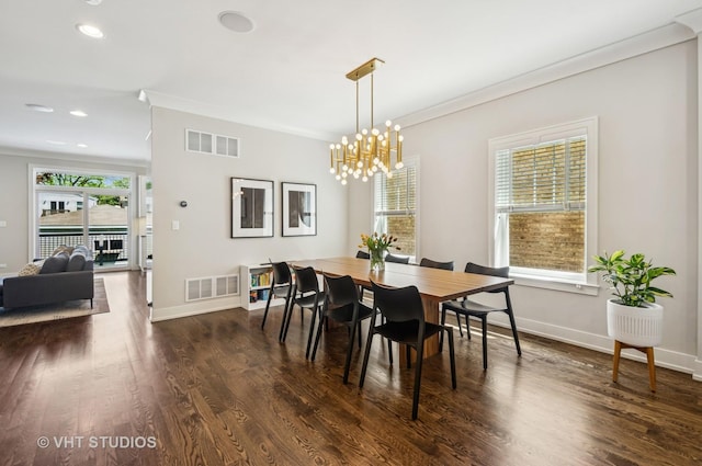 5263 N Laporte Ave, Chicago, IL 60630 - dining area featuring ornamental molding, recessed lighting, dark wood-style floors, baseboards, and a chandelier