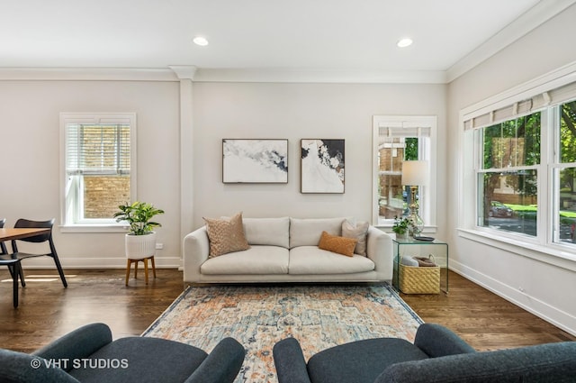5263 N Laporte Ave, Chicago, IL 60630 - living area featuring healthy amount of natural light, crown molding, dark wood-type flooring, baseboards, and recessed lighting