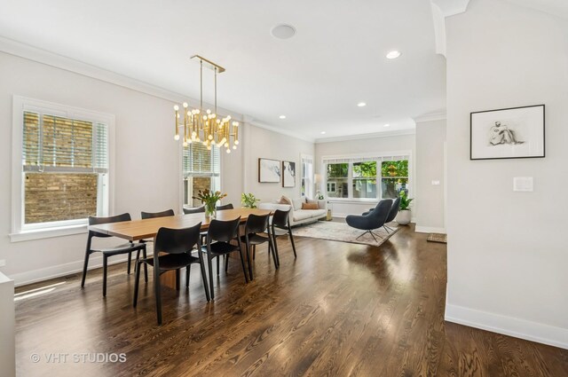 5263 N Laporte Ave, Chicago, IL 60630 - dining area with ornamental molding, baseboards, recessed lighting, dark wood-style flooring, and a chandelier