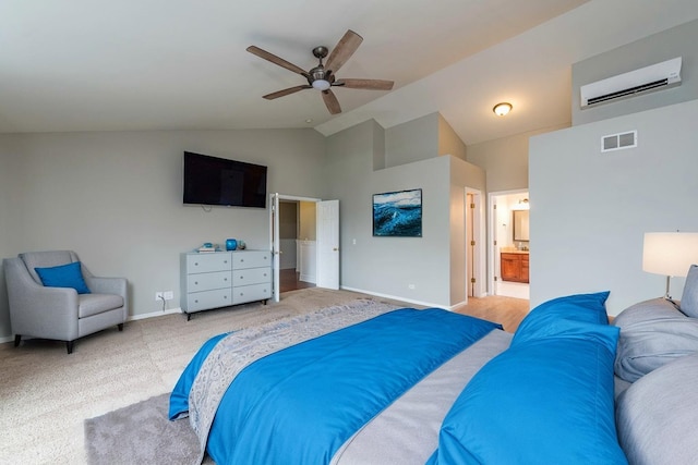 bedroom featuring a wall unit AC, carpet, baseboards, vaulted ceiling, and ceiling fan
