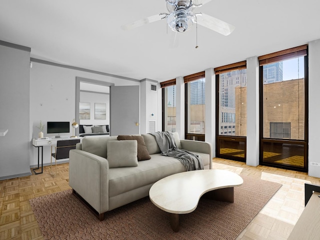 100 E Walton St Unit 18G, Chicago, IL 60611 - living area featuring ceiling fan and expansive windows