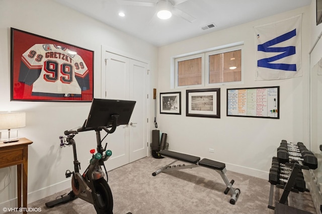 exercise room featuring a ceiling fan, carpet flooring, baseboards, and recessed lighting