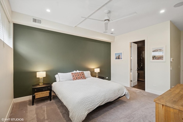 bedroom featuring carpet floors, recessed lighting, baseboards, and a ceiling fan