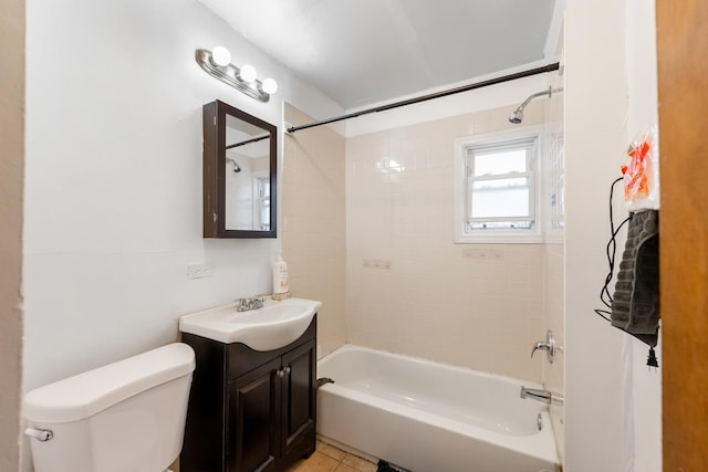 full bathroom with toilet, tile patterned floors, bathing tub / shower combination, and vanity