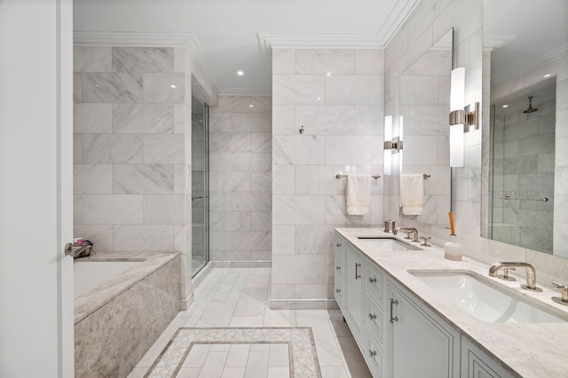 435 N Michigan Ave Unit 416, Chicago, IL 60611 - full bath featuring ornamental molding, a stall shower, a garden tub, double vanity, and marble finish flooring