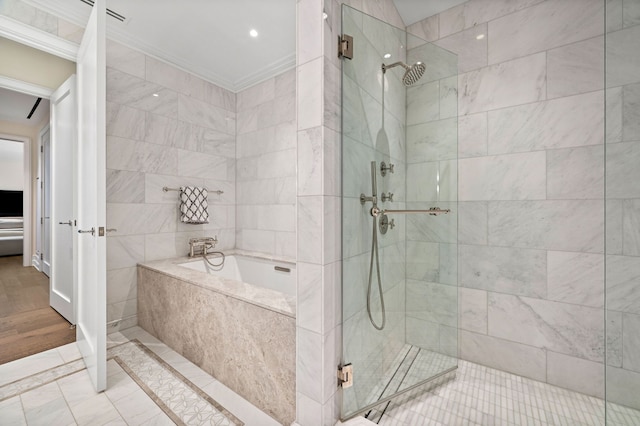 435 N Michigan Ave Unit 416, Chicago, IL 60611 - bathroom featuring a tile shower, ornamental molding, and a bath