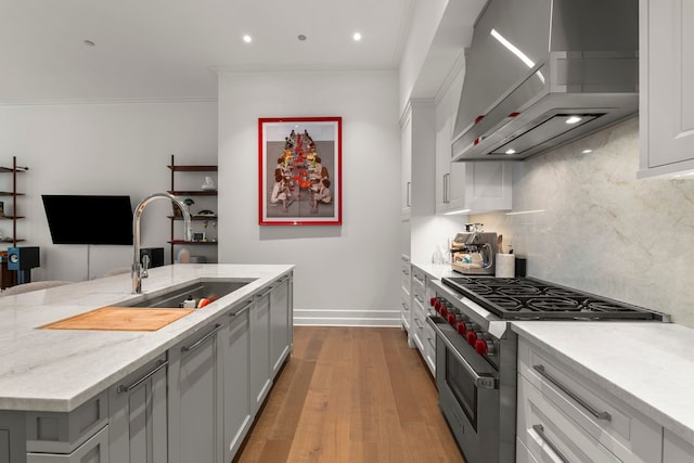 435 N Michigan Ave Unit 416, Chicago, IL 60611 - kitchen with wall chimney range hood, double oven range, a sink, wood finished floors, and baseboards