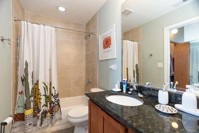 full bath with vanity, toilet, and shower / bathtub combination with curtain