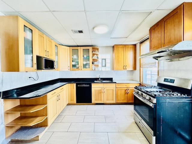 3328 S Oakley Ave, Chicago, IL 60608 - kitchen featuring visible vents, a sink, open shelves, a paneled ceiling, and black appliances