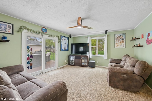 2404 Meadow Dr, Rolling Meadows, IL 60008 - carpeted living room with a ceiling fan, a textured ceiling, and baseboards