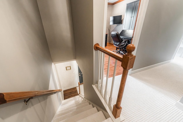 stairway with baseboards and carpet floors