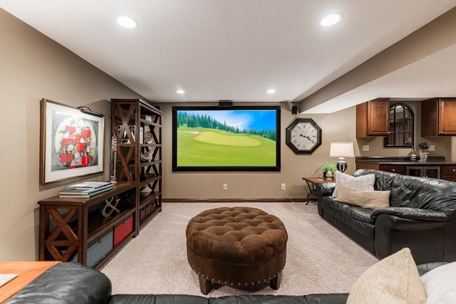 cinema featuring light carpet, recessed lighting, and baseboards