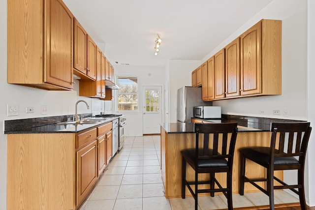 6452 N Glenwood Ave Unit 3, Chicago, IL 60626 - kitchen with a sink, stainless steel appliances, a peninsula, dark countertops, and a breakfast bar area