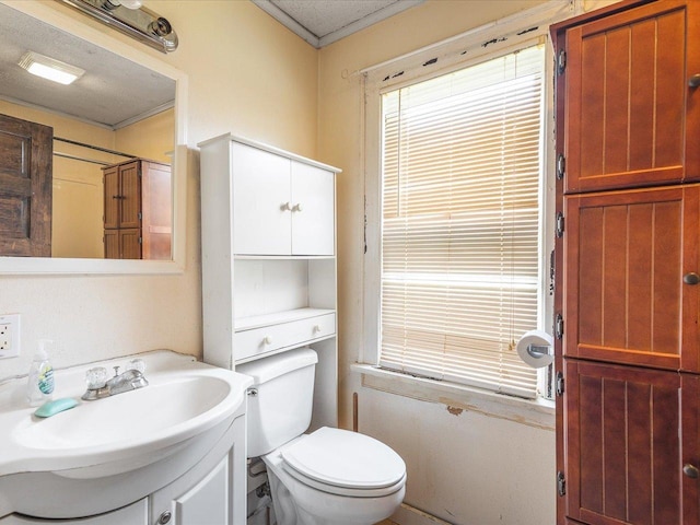 bathroom with crown molding, toilet, and vanity