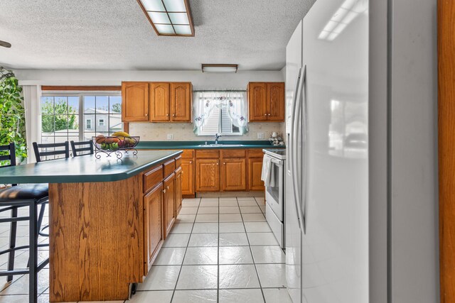 2503 Maplewood Dr, Champaign, IL 61821 - kitchen featuring a sink, white appliances, a kitchen breakfast bar, brown cabinets, and plenty of natural light