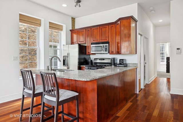 kitchen with appliances with stainless steel finishes, a sink, light stone countertops, dark wood finished floors, and healthy amount of natural light