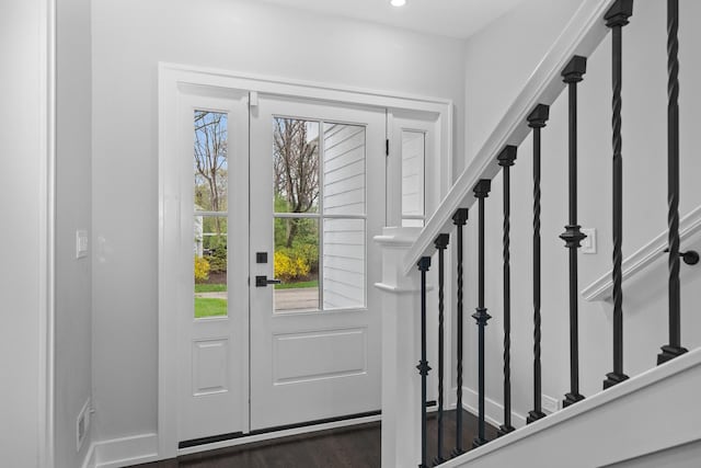 15 Reliance Ln, Lincolnshire, IL 60069 - foyer entrance with plenty of natural light, baseboards, dark wood finished floors, stairway, and recessed lighting