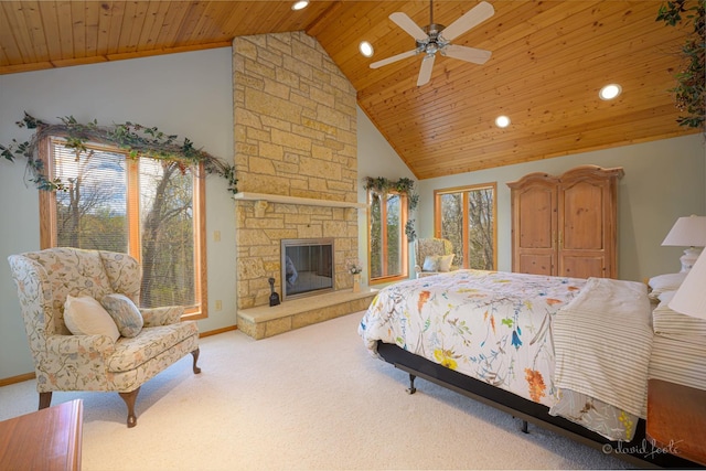 bedroom featuring wood ceiling, recessed lighting, carpet, high vaulted ceiling, and baseboards