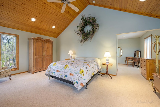 bedroom featuring light colored carpet, wooden ceiling, baseboards, recessed lighting, and a ceiling fan