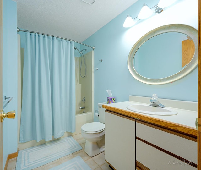 full bath with vanity, shower / bath combo, toilet, tile patterned floors, and a textured ceiling