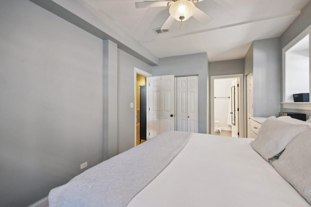 bedroom featuring connected bathroom and a ceiling fan