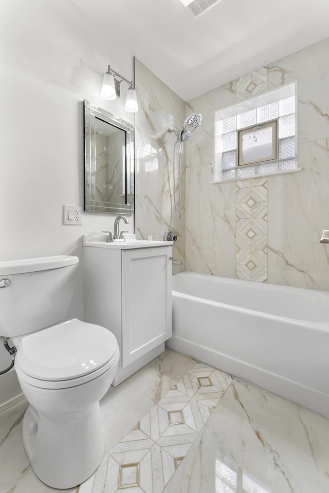 7732 W Sunset Dr, Elmwood Park, IL 60707 - bathroom featuring vanity, toilet, marble finish floor, and shower / bathing tub combination