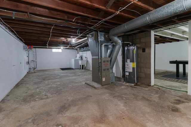 704 S Cottage Ave, Normal, IL 61761 - basement featuring water heater, heating unit, washer and dryer, and a sink