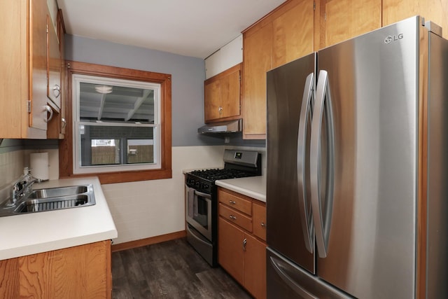 704 S Cottage Ave, Normal, IL 61761 - kitchen with appliances with stainless steel finishes, a sink, under cabinet range hood, dark wood-type flooring, and brown cabinetry