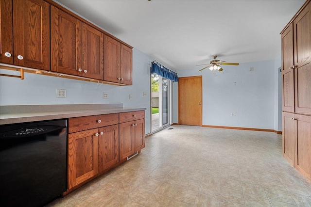 kitchen with dishwasher, light countertops, brown cabinetry, and ceiling fan