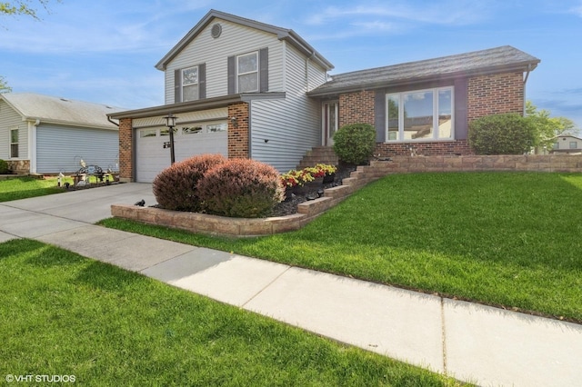 6 Sandalwood Ct, Streamwood, IL 60107 - split level home featuring brick siding, driveway, a front lawn, and an attached garage