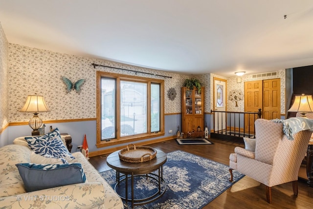 6 Sandalwood Ct, Streamwood, IL 60107 - living room featuring wallpapered walls, wainscoting, and wood finished floors