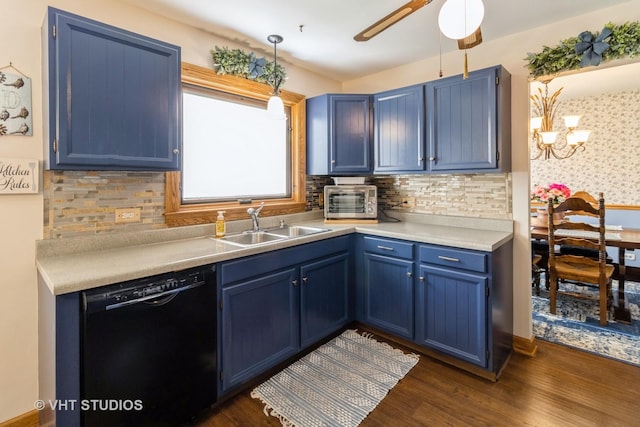 6 Sandalwood Ct, Streamwood, IL 60107 - kitchen with dishwasher, blue cabinets, and dark wood-style floors