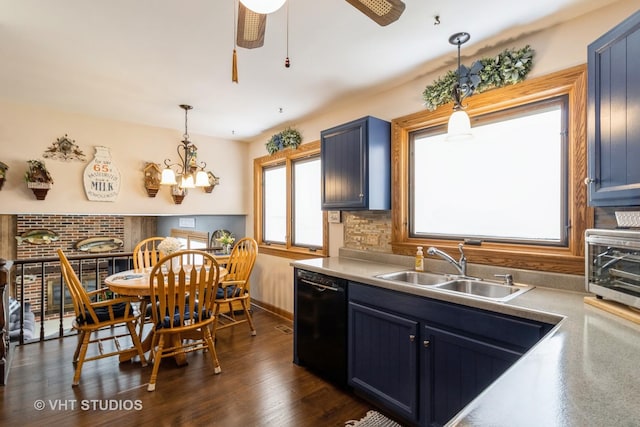 6 Sandalwood Ct, Streamwood, IL 60107 - kitchen featuring black dishwasher, a sink, blue cabinetry, hanging light fixtures, and a chandelier
