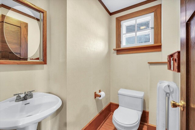 305 W Oregon St, Urbana, IL 61801 - bathroom featuring toilet, baseboards, ornamental molding, a sink, and wood finished floors